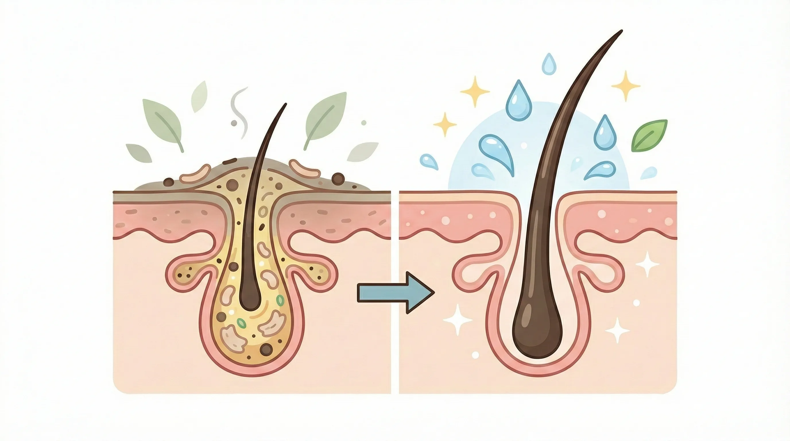 지저분한 두피 모공이 두피 스케일링 후 깨끗해진 전후 이미지