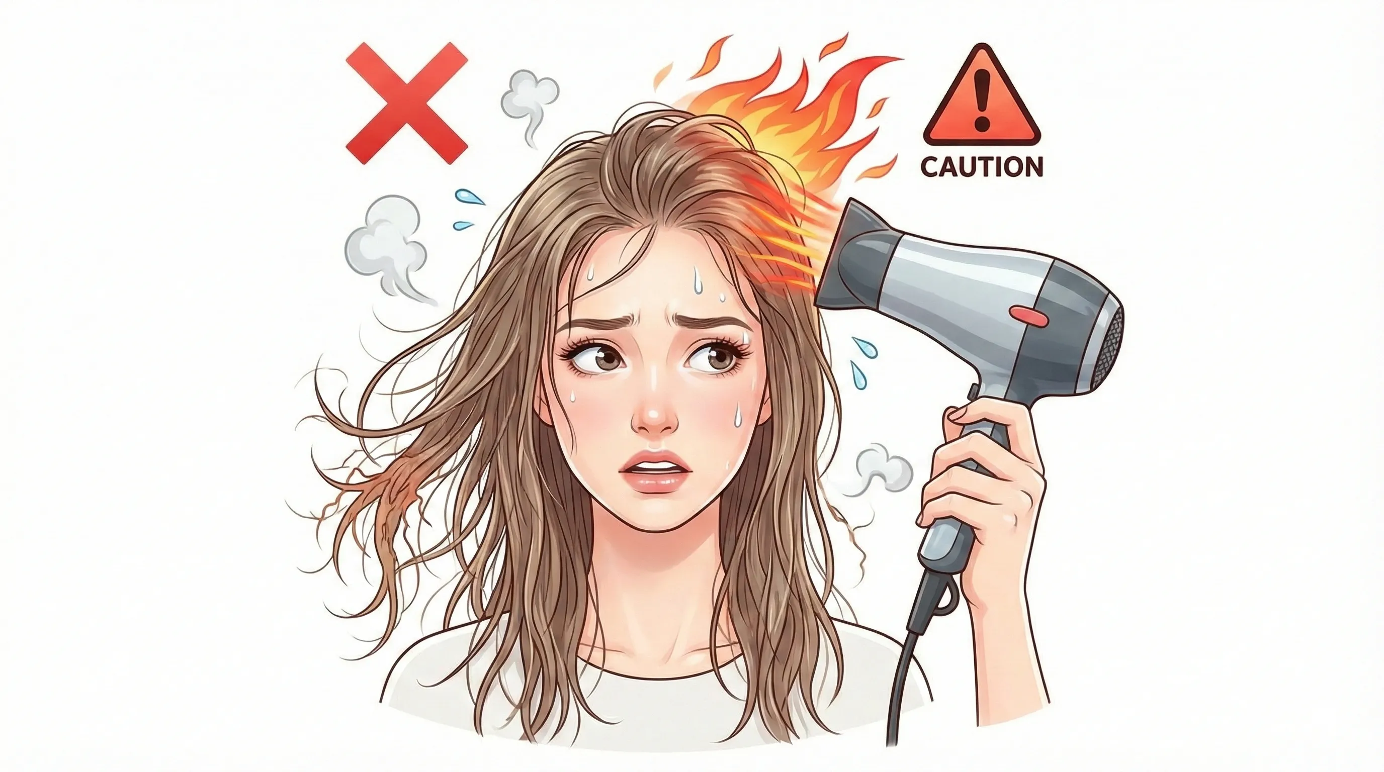 젖은 머리를 뜨거운 헤어드라이어 바람으로 황급히 말리는 연출 샷