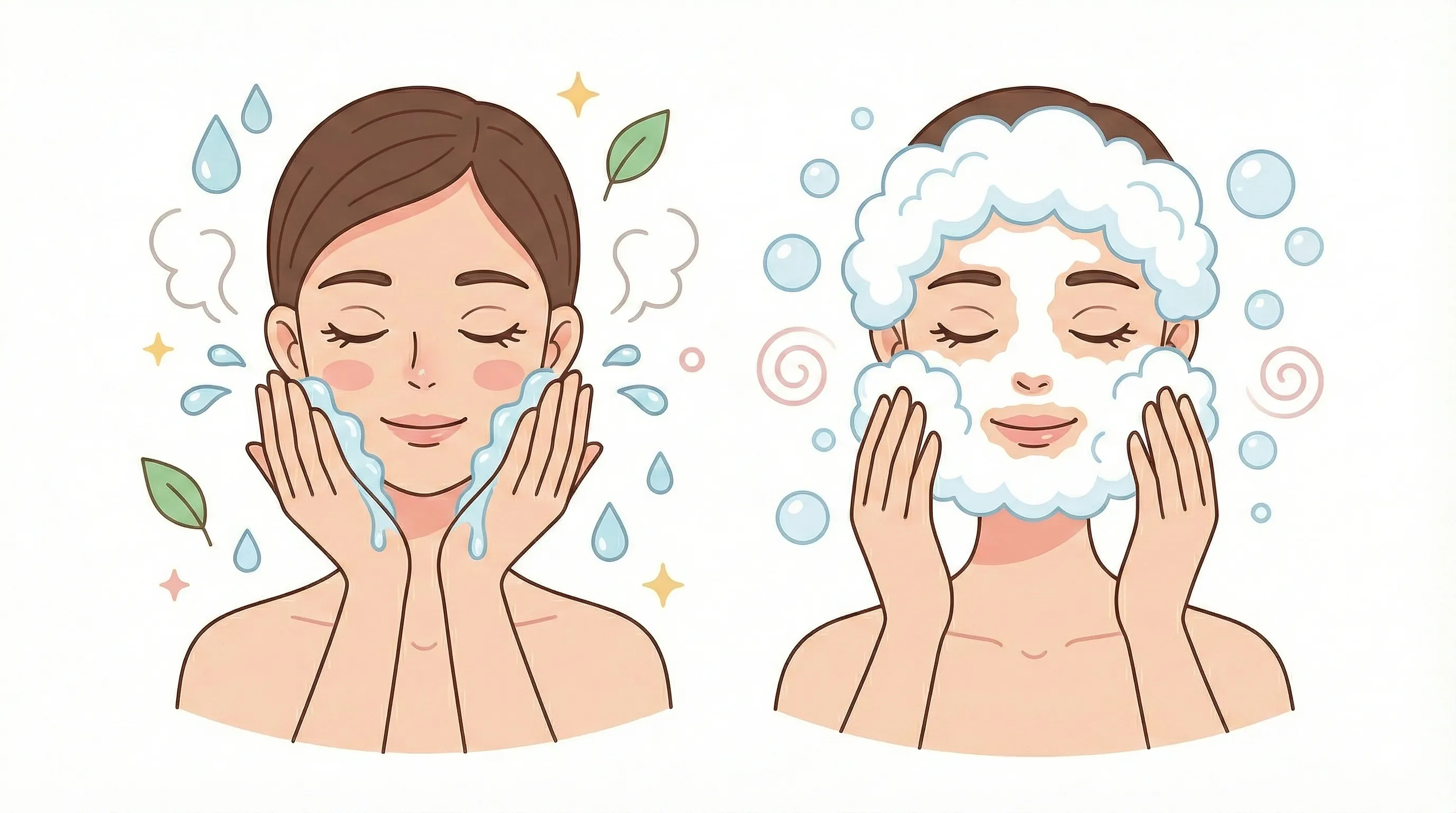 미지근한 물이나 부드러운 거품으로 세안하는 모습