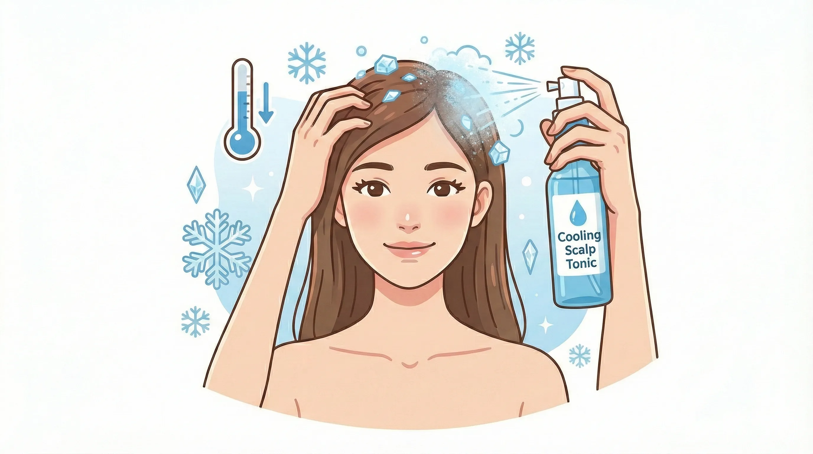 쿨링 스프레이를 정수리에 뿌려 온도를 낮추는 연출